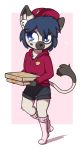  2018 aggie_(artist) anthro blue_eyes blue_hair clothed clothing digital_media_(artwork) domestic_cat felid feline felis food fur hair hat holding_object hoodie legwear male mammal pizza pizza_delivery shorts simple_background smile socks solo spots standing 