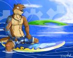  2013 abs anthro biceps black_nose blue_eyes bracelet brown_fur clothed clothing cloud detailed_backround fur hair hi_res island jewelry juan looking_aside male muscular muscular_male necklace pecs pose scar sea shorts sitting sky solo surfboard swimsuit tattoo topless vent-kazemaru water whiskers 