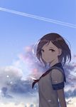  brown_eyes brown_hair cloud cloudy_sky condensation_trail day highres looking_at_viewer mole mole_under_eye original saitou_(lynx-shrike) scarf school_uniform serafuku short_hair sky solo 