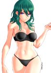  &gt;:( 1girl aqua_hair bare_arms bare_legs bare_shoulders black_bra black_panties blue_eyes bra breasts byleth cleavage closed_mouth collarbone eyebrows_visible_through_hair female fire_emblem fire_emblem:_fuukasetsugetsu hair_between_eyes hand_up highres legs lingerie long_hair looking_at_viewer medium_breasts midriff navel neck nintendo panties purple_eyes serious simple_background solo standing strapless strapless_bra twitter_username underwear white_background 
