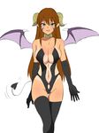  :d black_gloves black_legwear blue_eyes breasts cleavage demon_girl demon_horns demon_tail demon_wings elbow_gloves fang gloves highleg highres horns kagemusha large_breasts long_hair looking_at_viewer navel one-piece_tan open_mouth original pointy_ears simple_background smile solo succubus tail tan tanline twintails white_background wings 
