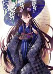  1girl absurdres animal_ears bangs blue_kimono brown_hair checkered checkered_kimono fate/grand_order fate_(series) flower fudo_shin hair_between_eyes hair_flower hair_ornament highres holding holding_umbrella japanese_clothes kimono long_hair murasaki_shikibu_(fate) oriental_umbrella over_shoulder purple_eyes sidelocks simple_background smile solo standing striped striped_kimono umbrella very_long_hair white_background wide_sleeves 