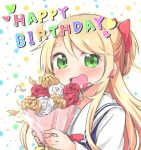  1girl :3 :d birthday blonde_hair bouquet english_text flower green_eyes himesaka_noa holding long_hair mukunoki_nanatsu open_mouth school_uniform smile solo watashi_ni_tenshi_ga_maiorita! 