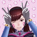  ;d animal_print bangs bodysuit bracer brown_eyes brown_hair bunny_print d.va_(overwatch) double_v eyelashes face facepaint facial_mark gloves hands_up high_collar long_hair long_sleeves looking_at_viewer moetora one_eye_closed open_mouth overwatch pauldrons pilot_suit pink_lips ribbed_bodysuit shoulder_pads smile solo teeth turtleneck upper_body v whisker_markings white_gloves 