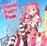  :d crepe ferris_wheel food highres holding long_hair looking_at_viewer ominaeshi_(takenoko) open_mouth original pink_eyes school_uniform serafuku sitting smile solo striped striped_legwear two_side_up 