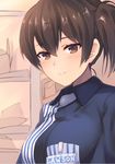  breasts brown_eyes brown_hair commentary dyson_(edaokunnsaikouya) employee_uniform kaga_(kantai_collection) kantai_collection lawson looking_at_viewer medium_breasts muneate short_hair side_ponytail smile solo uniform 