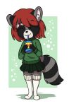  2018 aggie_(artist) anthro beverage brown_hair clothed clothing cub digital_media_(artwork) drinking female fur hair holding_object legwear mammal procyonid raccoon simple_background skirt smile socks soda solo standing straw sweater young 
