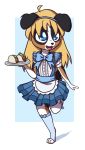  2018 aggie_(artist) anthro australian_shepherd blonde_hair blue_eyes bow canid canine canis clothed clothing cub digital_media_(artwork) domestic_dog dress female food fur hair holding_object legwear long_hair mammal open_mouth plate simple_background smile socks solo taco young 