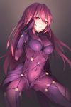  bad_id bad_pixiv_id black_background bodysuit breasts covered_navel fate/grand_order fate_(series) highres hplay long_hair looking_at_viewer medium_breasts parted_lips purple_bodysuit purple_hair red_eyes scathach_(fate)_(all) scathach_(fate/grand_order) solo 