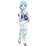  bangs blue_eyes braid character_request eyebrows floral_print full_body hair_over_shoulder highres japanese_clothes kimono kinchaku light_blue_hair long_hair long_sleeves looking_at_viewer no_socks obi official_art open_mouth pouch round_teeth sandals sash simple_background single_braid solo standing swept_bangs teeth thick_eyebrows white_background youkai_hyakki-tan! zouri 