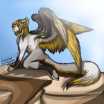  5_fingers anthro blonde_hair dragon eam0 feathered_dragon feathered_wings feathers female fur furred_dragon green_eyes grey_feathers hair horn mammal nude solo wings yellow_feathers 