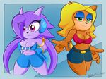  2016 4:3 anthro bandicoot big_breasts blonde_hair border breasts cleavage clothed clothing crash_bandicoot_(series) crossover duo freedom_planet gloves green_eyes hair half-closed_eyes hand_behind_back hand_on_hip huge_breasts looking_at_viewer mammal marsupial midriff portrait purple_eyes purple_hair sash_lilac simple_background slickehedge smile tawna_bandicoot three-quarter_portrait video_games wide_hips 