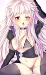  blush breasts choker earrings elsword furrowed_eyebrows genderswap genderswap_(mtf) heterochromia highres jewelry lunatic_psyker_(elsword) nipples purple_eyes purple_hair rono see-through signature tattoo thighhighs tongue tongue_out 