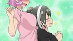  animated animated_gif black_hair blush breast_rest breasts breasts_on_head hair_ornament hairband hairclip large_breasts leaning_back multiple_girls oomune_mune pink_hair ponytail rubbing screencap shakunetsu_no_takkyuu_musume shirt sparkle ushirode_kiruka yuri 