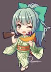  alternate_costume bangs bow brown_eyes commentary_request dawn_(664387320) food fruit green_kimono gun hair_bow hair_ribbon highres holding japanese_clothes kantai_collection kimono looking_at_viewer melon ponytail ribbon rifle signature silver_hair solo weapon yukata yuubari_(kantai_collection) 