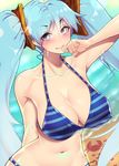  &gt;:) akoniii bare_arms bare_shoulders beach big_hair bikini blue_eyes blue_hair blush breasts cleavage closed_mouth collarbone commentary covered_nipples crab hair_ornament large_breasts league_of_legends long_hair looking_at_viewer navel shiny shiny_skin smile solo sona_buvelle stomach striped striped_bikini swimsuit twintails upper_body v-shaped_eyebrows very_long_hair wet 