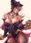  artist_name breasts collarbone dark_magician_girl detached_collar duel_monster green_eyes hat huge_breasts kachima lips long_hair panties parted_lips patreon_logo patreon_username solo staff underwear watermark web_address yuu-gi-ou 