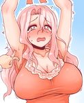  armpits arms_up blush bouncing_breasts breasts cleavage collarbone commentary_request hair_intakes highres large_breasts long_hair looking_at_viewer mature nose_blush open_mouth original pink_hair shirt sidelocks solo_focus sweat tears tickling tobatoinu trembling upper_body yellow_eyes 