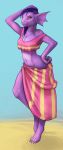  absurd_res animal_humanoid beach clothing dragon dress female fish fish_humanoid full_body grape_(character) hair half-closed_eyes hi_res humanoid looking_at_viewer marine marine_humanoid midriff navel purple_hair purple_skin reptile scalie seaside solo sunny wandering_lizardfolk yellow_sclera 