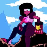  2015 alien armor black_hair cartoon_network clothed clothing cloud eyewear female fusion garnet_(steven_universe) gauntlets gem gem_(species) glasses gloves hair not_furry plagueofgripes red_skin rock sitting sky solo steven_universe sweat 