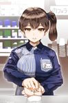  1girl breasts brown_eyes brown_hair cigarette_box convenience_store cup employee_uniform hands highres id_card kaga_(kantai_collection) kantai_collection large_breasts lawson long_sleeves looking_at_viewer money name_tag open_mouth out_of_frame pov pov_hands shirt shop side_ponytail striped tanaka_kusao twitter_username uniform 
