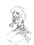  1girl armor arthuria_(camel) camel_(dansen) cross female gauntlets kneeling monochrome open_mouth original solo sword weapon 