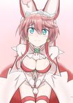  1girl ahoge animal_ears aqua_eyes arc_system_works artist_request blush breasts bridal_veil bunny_ears cleavage clover dress elphelt_valentine four-leaf_clover gloves guilty_gear guilty_gear_xrd large_breasts long_sleeves looking_at_viewer pink_hair ribbon shiny shiny_hair shiny_skin short_hair smile solo spikes thighhighs veil wedding_dress white_dress 