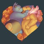  2019 5_fingers anthro chubby-shark dewott digital_media_(artwork) duo eyes_closed flower fur hi_res humanoid_hands kissing male male/male navel nintendo nude overweight overweight_male plant pok&eacute;mon pok&eacute;mon_(species) simple_background slightly_chubby smile typhlosion video_games 