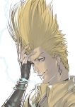  1boy azuma_kyoutarou_(artist) blonde_hair check_commentary commentary commentary_request detached_sleeves earrings electricity jewelry long_hair nikaidou_benimaru official_art smile snk spiked_hair static_electricity straight_hair the_king_of_fighters the_king_of_fighters:_a_new_beginning the_king_of_fighters_xiv 