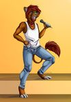  4_toes 5_fingers anthro blue_nose brown_fur clothed clothing collar digitigrade eam0 ear_piercing feline fur gradient_background hair inner_ear_fluff lion male mammal open_mouth piercing red_hair simple_background smile solo standing teeth toes tongue 