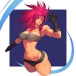  1girl abs alternate_hairstyle armpits biceps big_hair bikini_bottom breasts commentary_request cropped_legs erect_nipples eyebrows_visible_through_hair gloves hair_between_eyes hand_up highres impossible_clothes large_breasts leona_heidern long_hair looking_at_viewer messy_hair muscle muscular_female ogami pink_eyes pink_hair snk solo the_king_of_fighters 