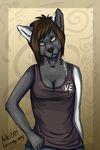  anthro black_nose breasts brown_hair canine clothed clothing eam0 female fur grey_fur hair mammal solo wolf yellow_eyes 