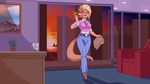  16:9 2016 anthro blonde_hair callie_briggs cat cellphone city cityscape clothed clothing cup english_text eyewear feline female folder footwear glasses green_eyes hair high_heels inside jeans mammal necktie painting pants phone plagueofgripes plant shoes solo swat_kats text vest 