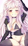  blush breasts choker earrings elsword genderswap genderswap_(mtf) heterochromia highres jewelry lunatic_psyker_(elsword) purple_eyes purple_hair rono signature tattoo thighhighs 