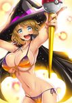  :d adjusting_clothes adjusting_hat aqua_eyes armpits bikini blonde_hair blush breasts cape cleavage commentary_request cowboy_shot foreshortening front-tie_bikini front-tie_top gradient gradient_bikini groin halloween halloween_costume hat highres large_breasts light_particles looking_at_viewer nail_polish navel open_mouth pink_nails poke_ball pokemon pokemon_(anime) pokemon_xy_(anime) serena_(pokemon) short_hair side-tie_bikini sideboob smile solo staff stomach swimsuit takecha underboob witch witch_hat 