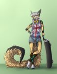  4_toes 5_fingers anthro blue_eyes clothed clothing digitigrade eam0 female fluffy fluffy_tail gradient_background green_eyes hair heterochromia music_player simple_background skateboard smile solo teeth toes white_hair yellow_nose 