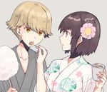  1girl blonde_hair breasts brown_eyes brown_hair collarbone cotton_candy couple feeding floral_print flower grey_eyes hair_flower hair_ornament hetero japanese_clothes kaburagi_sui kimono medium_breasts nishio_rina shiny shiny_hair short_hair snowflake_print soukyuu_no_fafner sumomo_(peach-breath) yukata 