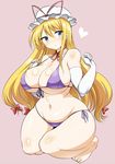  :o barefoot bikini blonde_hair blush body_blush breasts clenched_hands commentary curvy elbow_gloves full_body gloves hat heart highres huge_breasts long_hair looking_at_viewer low-tied_long_hair micro_bikini mob_cap navel purple_eyes solo squatting swimsuit thick_thighs thighs toes touhou very_long_hair wedge wide_hips yakumo_yukari 