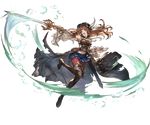  blue_eyes brown_hair feathers full_body granblue_fantasy hat holding holding_weapon lecia_(granblue_fantasy) midriff minaba_hideo official_art open_mouth pantyhose pleated_skirt skirt solo sword thighhighs torn_clothes torn_legwear transparent_background weapon wide_sleeves 