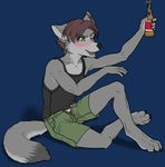  alcohol anthro beverage blush brown_hair canine clothed clothing cropped drunk fur green_eyes grey_fur hair jock-nerdhybrid male mammal solo wolf 