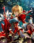  aestus_estus ahoge blonde_hair epaulettes fate/extra fate_(series) green_eyes hair_intakes highres nero_claudius_(fate) nero_claudius_(fate)_(all) panties petals pointing pointing_at_viewer puffy_sleeves see-through smile solo suishougensou sword underwear weapon wide_sleeves 
