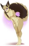  4_toes 5_fingers aimi anthro balls canine digitigrde eyebrows fox girly looking_at_viewer male mammal navel nude purple_eyes simple_background smile solo toes white_background wide_hips 