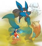  2016 ambiguous/ambiguous ambiguous_gender anthro anus backsash black_nose blue_eyes blush butt butt_sniffing canine dialogue digital_media_(artwork) duo english_text facesitting fart floatzel fur hair hindpaw looking_back lucario lying mammal mustelid nintendo on_back oral pawpads paws pok&eacute;mon puffy_anus red_eyes simple_background smelly smile sweat teeth text video_games white_background 