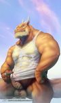 abs animal_genitalia anthro ayndrew balls belly blush bottomless claws clenched_teeth clothed clothing cloud dragon erection front_view green_eyes horn looking_at_viewer male muscular muscular_male nipples pecs penis pose precum reptile scalie sky solo standing sweat teeth thick_penis vein 