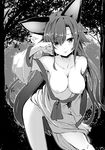  animal_ears bangs bare_shoulders breasts brooch collarbone contrapposto cowboy_shot eyebrows eyebrows_visible_through_hair greyscale imaizumi_kagerou jewelry large_breasts long_hair long_sleeves looking_at_viewer monochrome nipples no_panties noa_(nagareboshi) outdoors solo standing tail tongue tongue_out touhou tree very_long_hair wolf_ears wolf_tail 