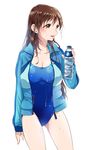  ass_visible_through_thighs bottle brown_eyes brown_hair competition_swimsuit cowboy_shot gen_(enji) highres idolmaster idolmaster_cinderella_girls jacket long_hair looking_to_the_side nitta_minami one-piece_swimsuit open_mouth profile solo standing swimsuit track_jacket water_bottle wet wet_clothes wet_swimsuit 