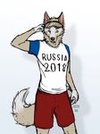  2016 2018 anthro ball beowulf_bitter(artist) blue_eyes canine clothed clothing eyewear fifa male mammal mascot russia russian signature simple_background soccer soccer_ball solo sport standing white_background wolf world_cup zabivaka 