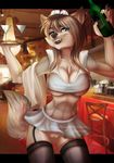  2016 5_fingers anthro black_bars breasts brown_hair canine detailed_background eyelashes female fur gradiewoof grey_eyes grey_fur hair holding_object looking_at_viewer mammal midriff navel pussy smile solo standing teeth wide_hips wolf 