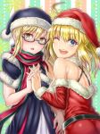  2girls :o ;d ahoge artoria_pendragon_(all) ass belt black-framed_eyewear black_capelet black_dress black_hat blonde_hair blue_eyes breasts capelet detached_sleeves donkikong_(pixiv17278003) dress fate/grand_order fate_(series) floating_hair fur-trimmed_capelet fur-trimmed_dress fur-trimmed_hat fur-trimmed_sleeves fur_trim glasses hand_holding hat interlocked_fingers long_hair long_sleeves looking_at_viewer medium_breasts multiple_girls mysterious_heroine_x mysterious_heroine_x_(alter) one_eye_closed open_mouth ponytail red_dress red_hat red_sleeves santa_costume santa_hat scarf semi-rimless_eyewear sideboob sidelocks sleeveless sleeveless_dress smile snowflakes standing strapless strapless_dress striped striped_background under-rim_eyewear upper_body yellow_eyes 