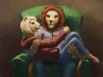  anthro clothed clothing cuddling duo efudek feline female hair lion male mammal simple_background smile 
